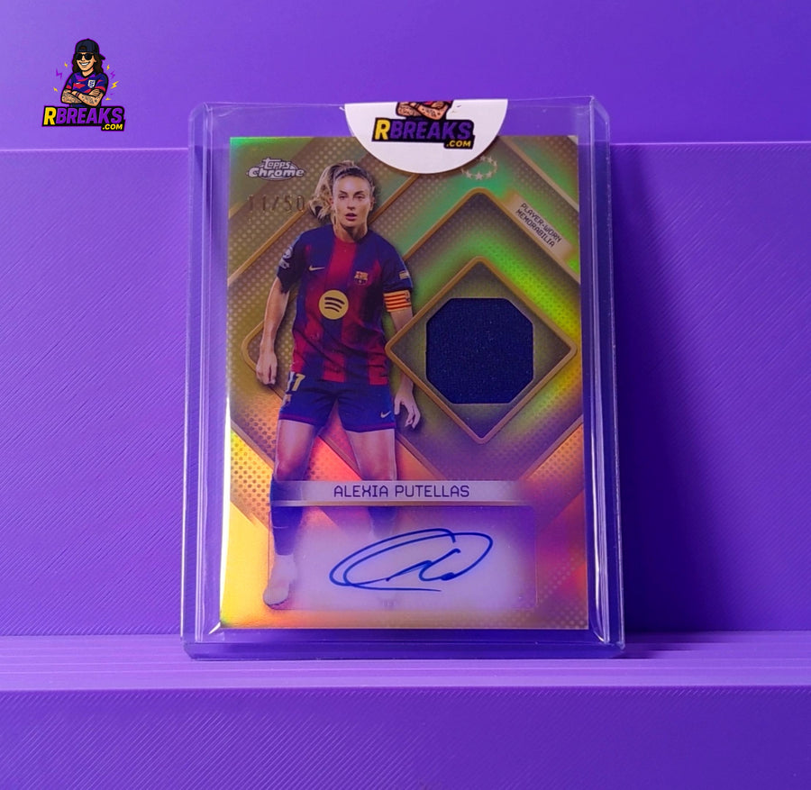 Alexia Putellas Topps Chrome UWCL 25-26 Auto Relic of 50 card pulled live on an RBreaks break