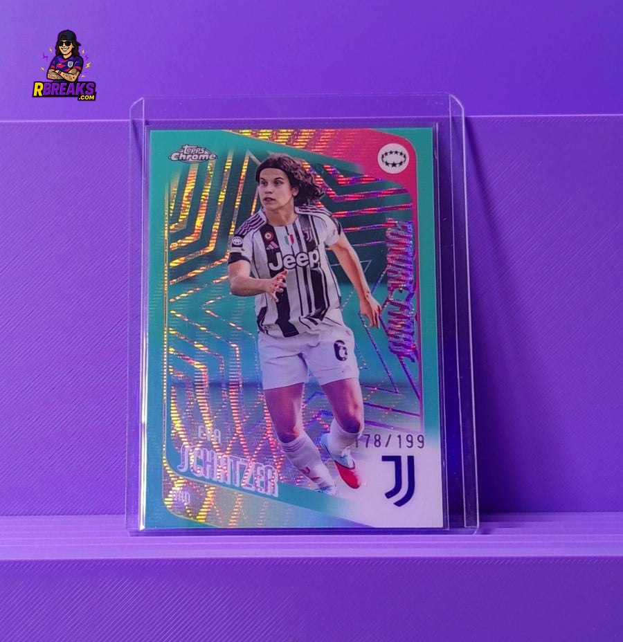 Eva Schatzer Topps Chrome UWCL 25-26 Future Stars of 199 card pulled live on an RBreaks break