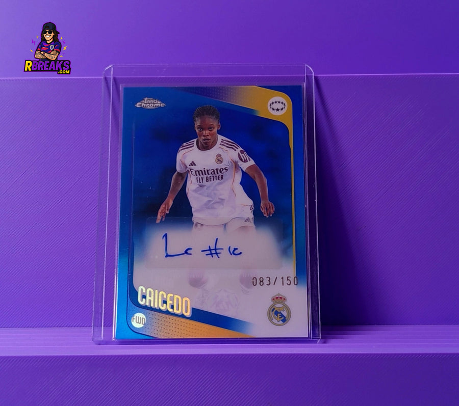 Linda Caicedo Topps Chrome UWCL 25-26 Auto of 150 card pulled live on an RBreaks break