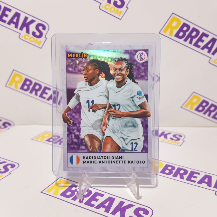 Kadidiatou Diani and Marie-Antoinette Katoto Topps Merlin Womens Euros 2025 Dual Partnerships of 50 card pulled live on an RBreaks break