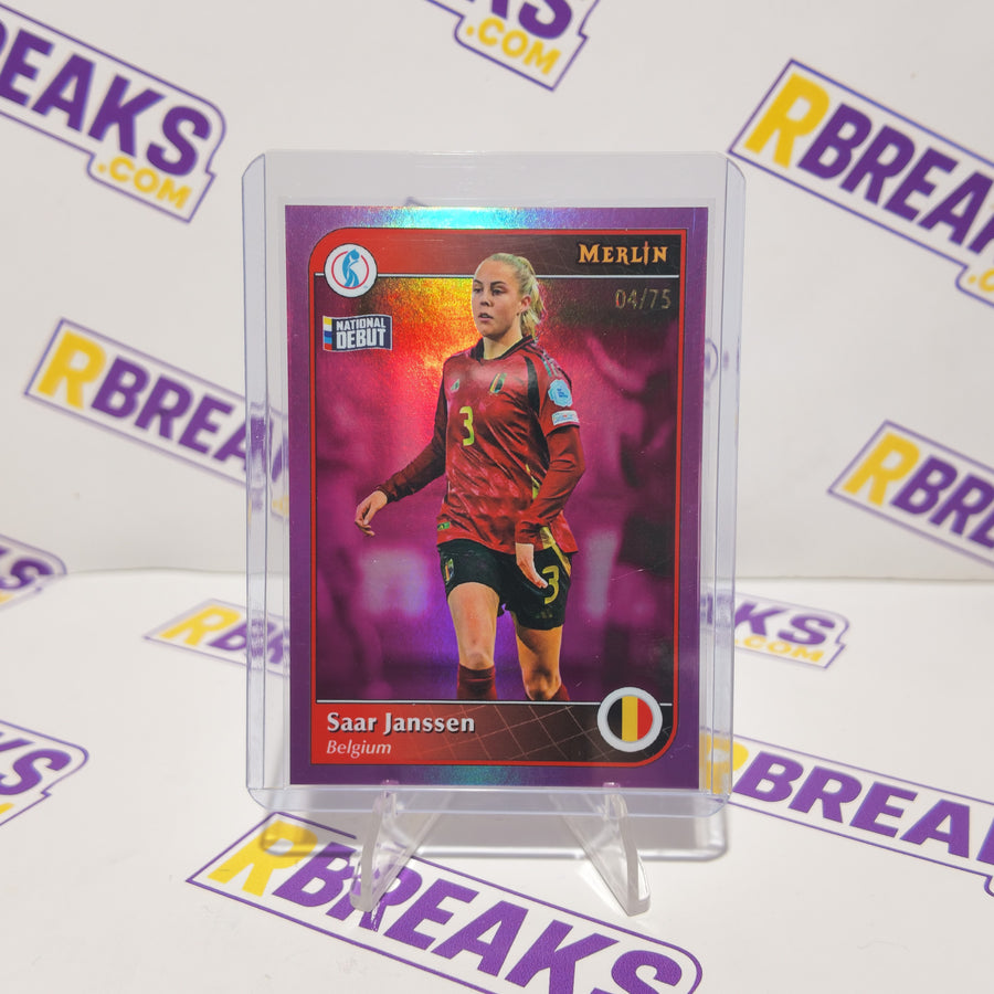 Saar Janssen Topps Merlin Womens Euros 2025 National Debut of 75 card pulled live on an RBreaks break