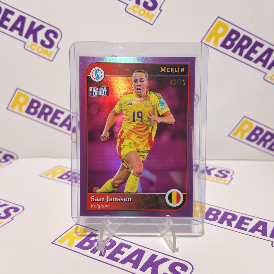 Saar Janssen Topps Merlin Womens Euros 2025 National Debut of 75 card pulled live on an RBreaks break