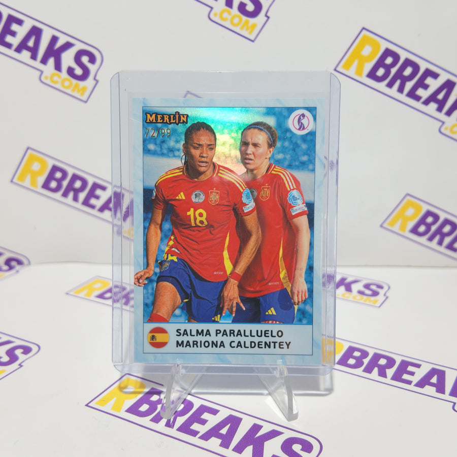 Salma Paralluelo and Mariona Caldentey Topps Merlin Womens Euros 2025 Dual Partnerships of 99 card pulled live on an RBreaks break