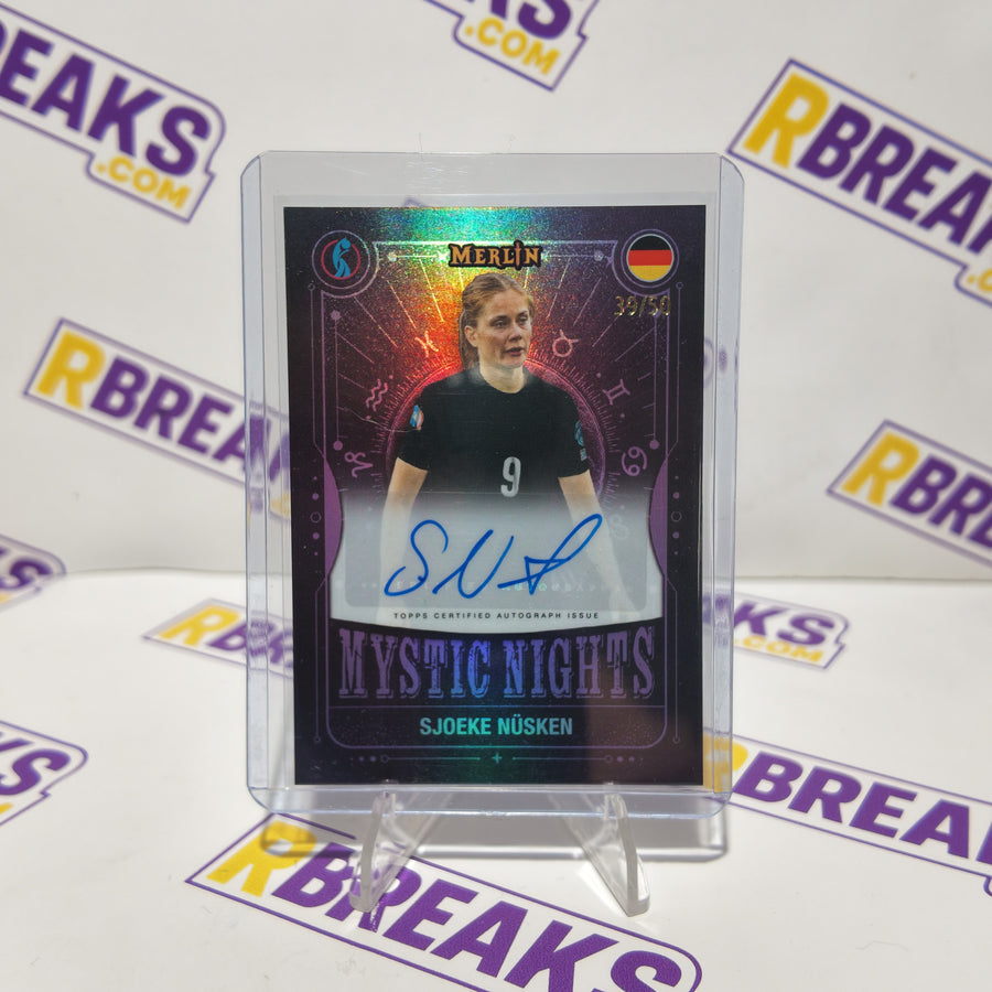 Sjoeke Nusken Topps Merlin Womens Euros 2025 Mystic Nights Auto of 50 card pulled live on an RBreaks break