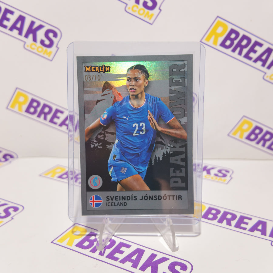 Sveindis Jonsdottir Topps Merlin Womens Euros 2025 Peak Power of 10 card pulled live on an RBreaks break