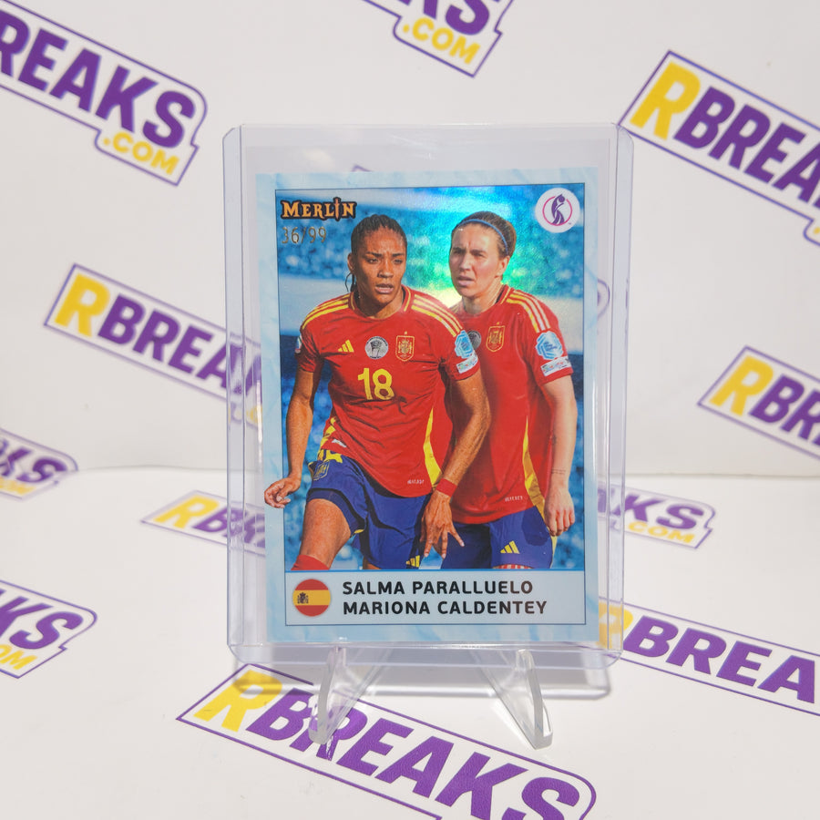 Salma Paralluelo and Mariona Caldentey Topps Merlin Womens Euros 2025 Dual Partnerships of 99 card pulled live on an RBreaks break