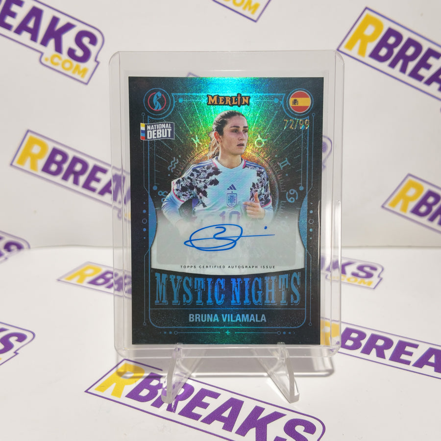 Bruna Vilamala Topps Merlin Womens Euros 2025 National Debut Mystic Nights Auto of 99 card pulled live on an RBreaks break