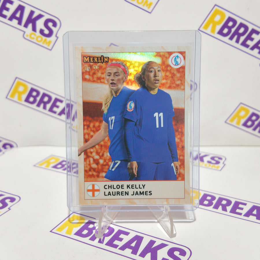 Chloe Kelly and Lauren James Topps Merlin Womens Euros 2025 Dual Partnerships of 25 card pulled live on an RBreaks break