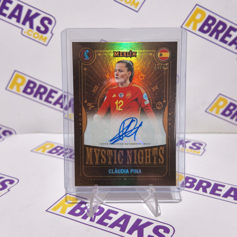 Clàudia Pina Topps Merlin Womens Euros 2025 Mystic Nights Auto of 25 card pulled live on an RBreaks break