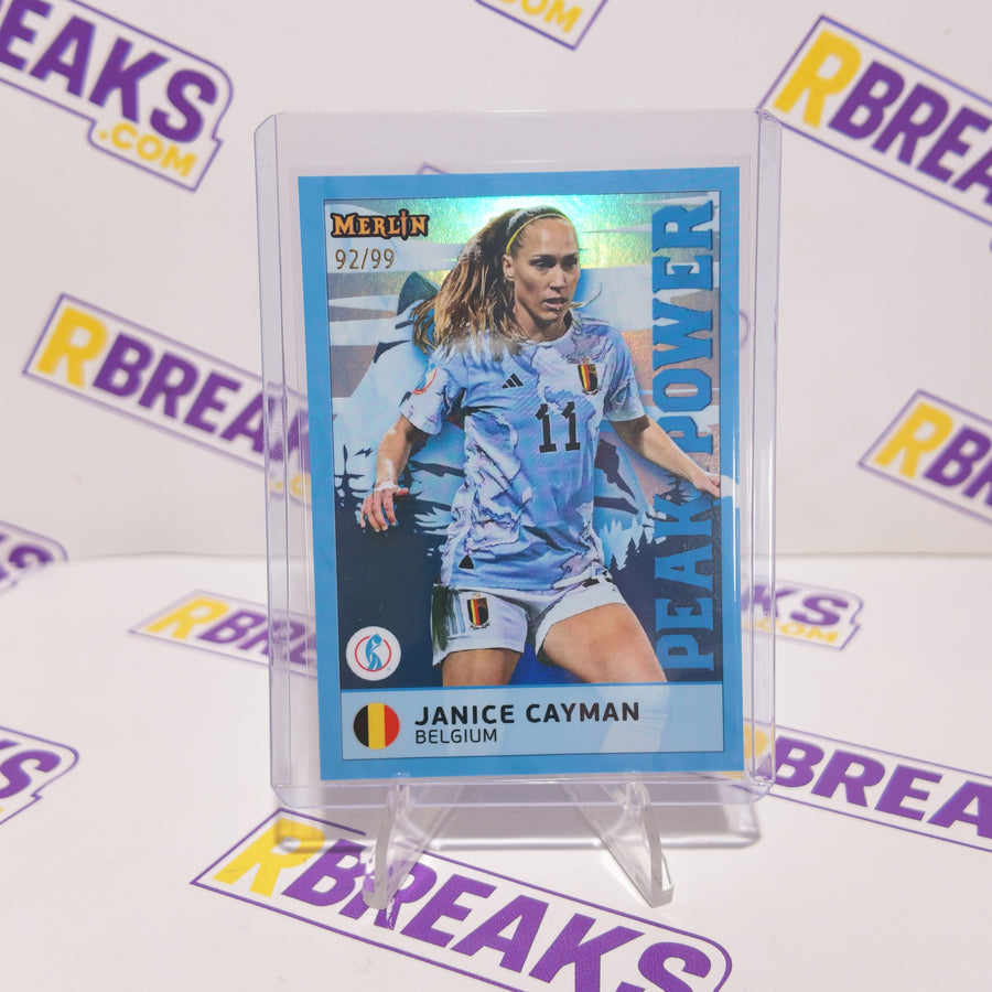 Janice Cayman Topps Merlin Womens Euros 2025 Peak Power of 99 card pulled live on an RBreaks break