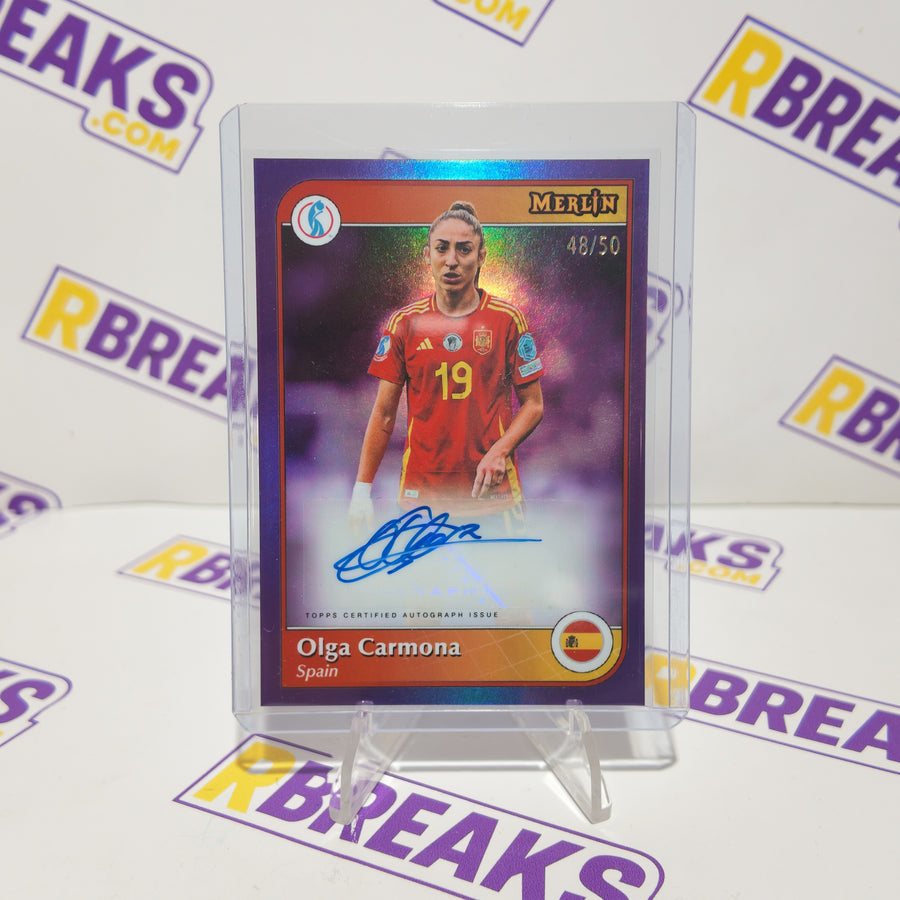 Olga Carmona Topps Merlin Womens Euros 2025 Auto of 50 card pulled live on an RBreaks break