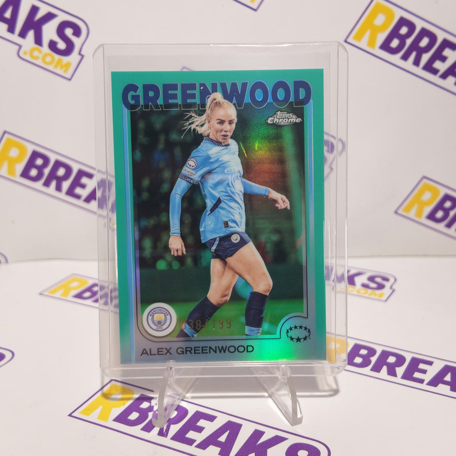 Alex Greenwood Topps Chrome UWCL 2024-25 Aqua of 199 card pulled live on an RBreaks break
