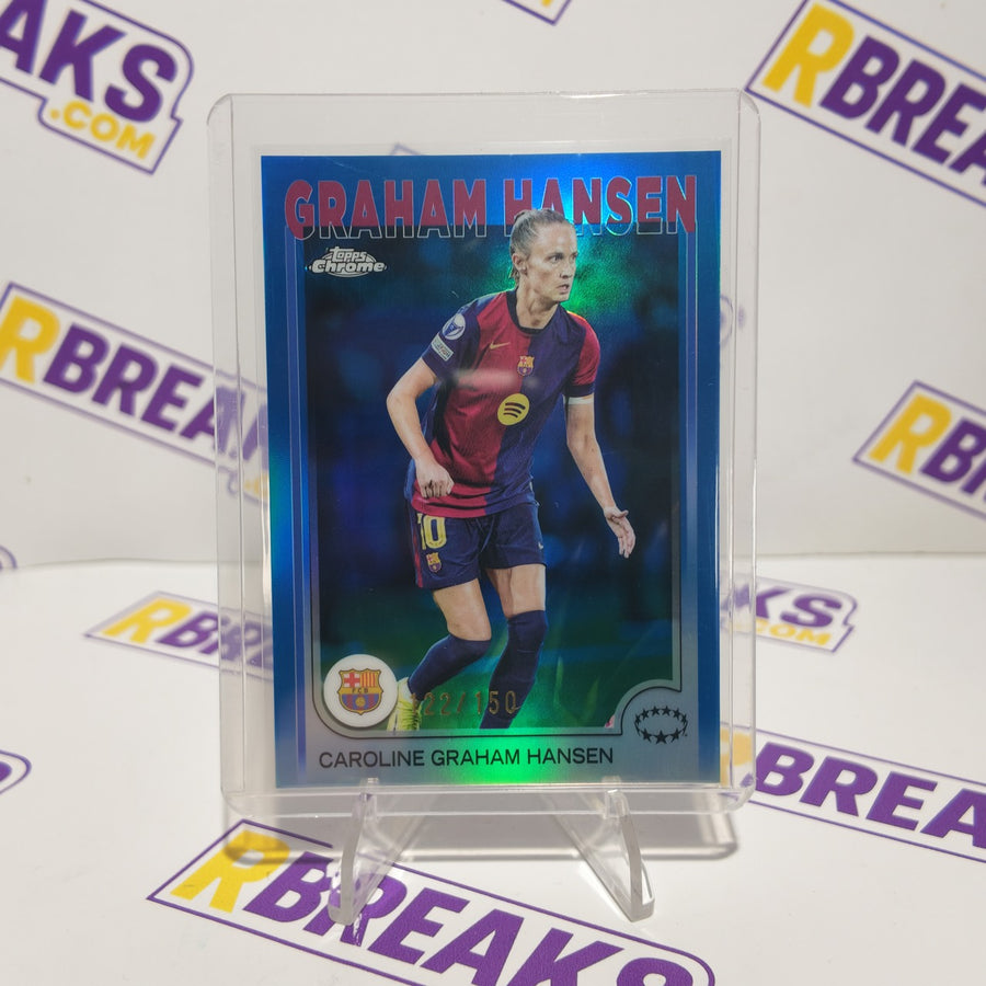 Caroline Graham Hansen Topps Chrome UWCL 2024-25 Blue of 150 card pulled live on an RBreaks break