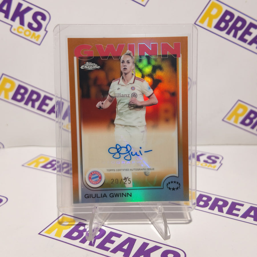 Giulia Gwinn Topps Chrome UWCL 2024-25 Orange Auto of 25 card pulled live on an RBreaks break