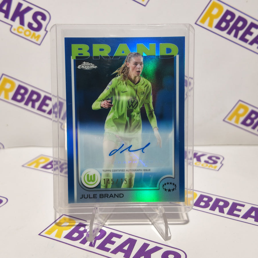 Jule Brand Topps Chrome UWCL 2024-25 Blue Auto of 150 card pulled live on an RBreaks break