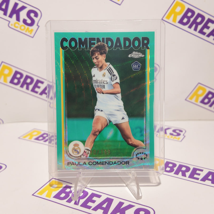 Paula Comendador Topps Chrome UWCL 2024-25 Aqua Wave of 199 card pulled live on an RBreaks break