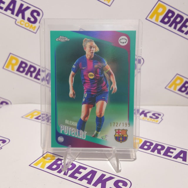 Alexia Putellas Topps Chrome UWCL 2025-26 Aqua Refractor of 199 card pulled live on an RBreaks break