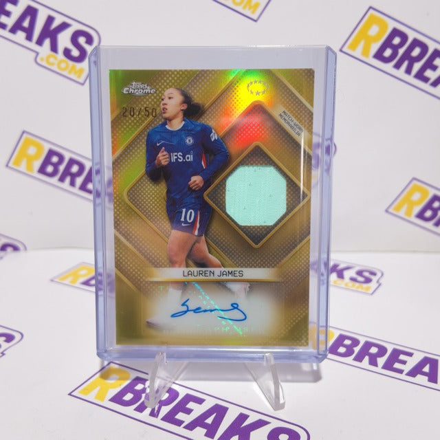 Lauren James Topps Chrome UWCL 2025-26 Premium Auto Relic Gold of 50 card pulled live on an RBreaks break