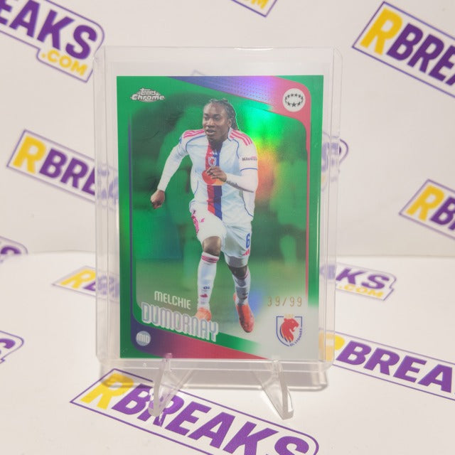 Melchie Dumornay Topps Chrome UWCL 2025-26 Green Refractor of 99 card pulled live on an RBreaks break
