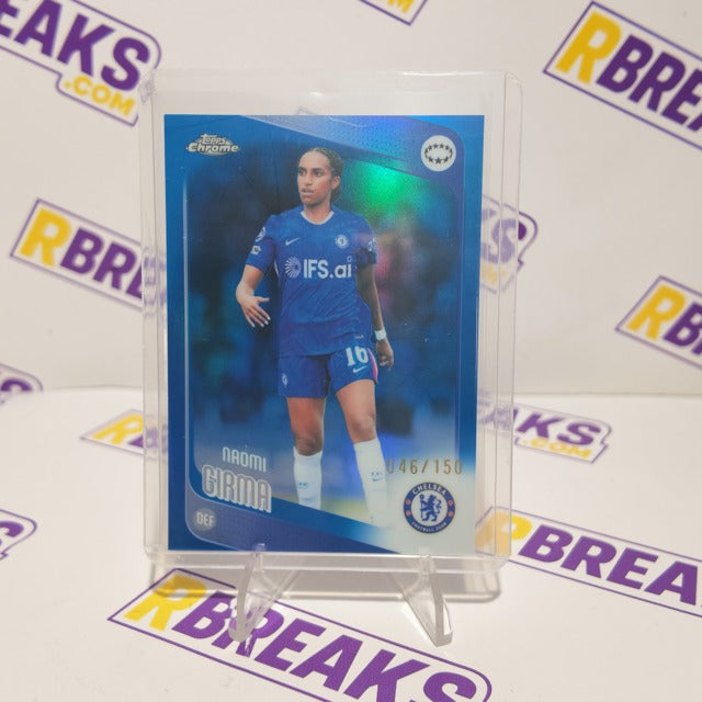 Naomi Girma Topps Chrome UWCL 2025-26 Blue Refractor of 150 card pulled live on an RBreaks break